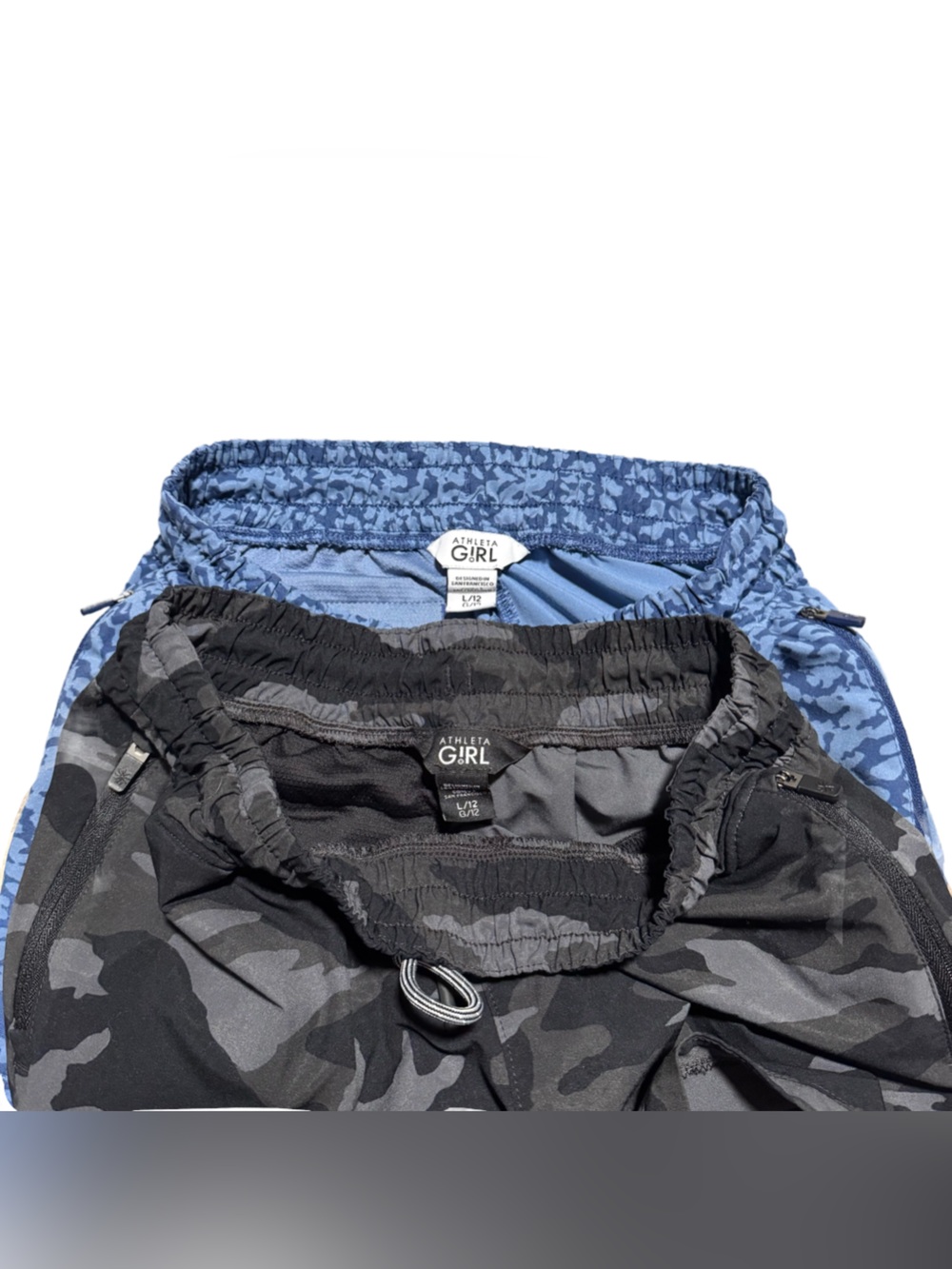 Athleta Girl Shorts Size Large Bundle of 2 Blue Leopard Black Camo Athletic Run - Picture 5 of 5